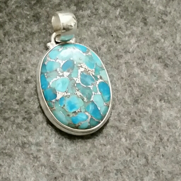 Hand Crafted Jewelry - 925 Silver Wide Oval Copper Blue Turquoise Pendant